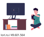 Worried boy with joystick in hands playing video game at tv screen, relaxing playing games at home sitting at floor. Indoors activity, hobby, recreation. Leisure time at home, isolated character. Worried boy with joystick in hands playing video game at tv screen, relaxing playing games at home. Стоковая иллюстрация, агентство Ingram Publishing / Фотобанк Лори