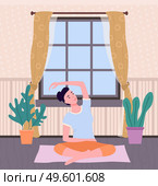 Woman doing yoga on mat inside the room. Young and beautiful girl sitting on carpet in lotus position. Female character taking care of her health, leads a healthy lifestyle, doing relaxation exercises. Woman doing yoga on mat inside the room. Young wooman sitting on the carpet in lotus position. Стоковая иллюстрация, агентство Ingram Publishing / Фотобанк Лори