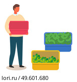 Young man or farmer holding an empty red box, a blue box with cucumbers and a yellow container with salad. Grow vegetables, self-sufficiency. Urban agriculture and horticulture. Harvesting vegetables. Farmer man with a crop of cucumbers and lettuce. Harvesting vegetables. Urban agricultural. Стоковая иллюстрация, агентство Ingram Publishing / Фотобанк Лори