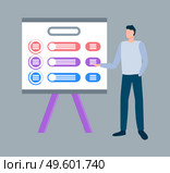 Board with information and stats vector, male wearing formal clothes showing charts and data, diagrams and text explanation to presentation of worker. Boss Giving Presentation Presenter with Info Board. Стоковая иллюстрация, агентство Ingram Publishing / Фотобанк Лори
