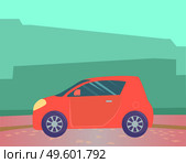 Small red microcar vehicle stand on ground in countryside. Automobile to drive and get your destination quickly. Green abstract background with silhouettes. Vector illustration in flat style. Red Microcar on Road in Countryside, Small Car. Стоковая иллюстрация, агентство Ingram Publishing / Фотобанк Лори