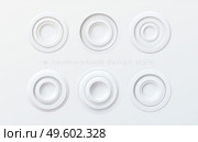 A set of white volumetric round buttons in the style of newmorphism isolated on a white background. Vector illustration EPS10. A set of white volumetric round buttons in the style of newmorphism isolated on a white background. Vector illustration. Стоковая иллюстрация, агентство Ingram Publishing / Фотобанк Лори