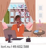Black afro woman with headset operator or consultant of call center, hotline working from home with computer, freelance. Woman freelancer give online consultation to customer. Manager at distance work. Black afro woman with headset operator or consultant of call center, hotline working from home. Стоковая иллюстрация, агентство Ingram Publishing / Фотобанк Лори