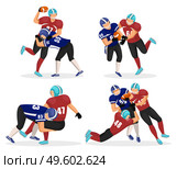 Set of game moments. Footballers playing in american football. Players attack their opponents to get ball. Rivalry of competition. People in uniforms and helmets. Vector illustration of match in flat. Set of Moments Where Men Play in American Football. Стоковая иллюстрация, агентство Ingram Publishing / Фотобанк Лори