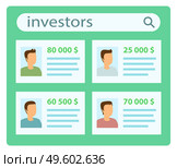 Investor list presentation poster vector illustration. Several candidates willing to invest in a business. Profiles of businessmen with photos and money. Business management and financial analysis. Investor list presentation poster vector illustration. Candidates willing to invest in a business. Стоковая иллюстрация, агентство Ingram Publishing / Фотобанк Лори