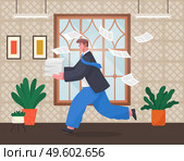 Office worker holding stack of documents running in office. Unorganized man in panic of paperwork. Worker failure deadline, stressing, busy. Employee hurry. Vector cartoon character with flying papers. Office worker holding stack of documents running in office, unorganized man in panic of paperwork. Стоковая иллюстрация, агентство Ingram Publishing / Фотобанк Лори