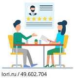 Man and woman sitting at desktop and discussing, resume of employee with stars. Professional qualities, interview symbol, people communication vector. Workers and Resume Icon, International Vector. Стоковая иллюстрация, агентство Ingram Publishing / Фотобанк Лори