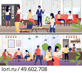 Coworkers lunch in office. Coffee break with colleagues. Employees of company have breakfast in dining room of company. Workers gathering together for informal conversation on kitchen lunch room. Lunch in office. Coffee break with colleagues. Employees of company have breakfast. Стоковая иллюстрация, агентство Ingram Publishing / Фотобанк Лори