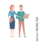 People working together vector, man and woman looking at laptop, lady complementing to digital info on computer, coworkers company colleagues flat style. Woman and Man Working in Team, Teamwork People. Стоковая иллюстрация, агентство Ingram Publishing / Фотобанк Лори