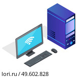 Personal computer with monitor showing wifi sign. Isolated pc with keyboard and mouse. Workplace for coder or programmer. Working space for IT developer, modern technologies, vector in isometric. Computer Monitor with Wifi Symbol and Keyboard. Стоковая иллюстрация, агентство Ingram Publishing / Фотобанк Лори