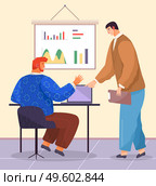 Businesspeople argue, discuss a project. Business meeting, working process. Man manager consulting, talking to boss about conclusion of new contract. Businessman chief sitting at a table typing laptop. Businesspeople argue, discuss project. Man manager talking to boss about conclusion of new contract. Стоковая иллюстрация, агентство Ingram Publishing / Фотобанк Лори