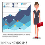 Confident young woman gives a report, businesswoman standing near demo poster with performance charts and digital data. Business presentation and project management concept vector illustration. Confident young businesswoman gives a report. Business presentation concept vector illustration. Стоковая иллюстрация, агентство Ingram Publishing / Фотобанк Лори