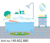 Woman bathing in blue bathtub in white bathroom. Female character takes a bath with soapy foam. Girl is relaxing, takes care of herself, makes a face mask, relaxes with lather in the bathroom. Woman bathing in blue bathtub in white bathroom. Female character takes a bath with soapy foam. Стоковая иллюстрация, агентство Ingram Publishing / Фотобанк Лори