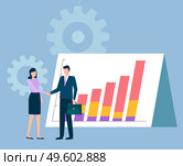 People agreeing on cooperation and partnership. Handshake of man and woman working together. People with charts and structuralized information on board. Cogwheel tools, process symbols vector. Business Colleagues, Handshake of Partners Vector. Стоковая иллюстрация, агентство Ingram Publishing / Фотобанк Лори