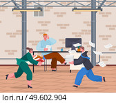 Chaos in office. Unorganized office workers in panic. People stressing, solving difficulties, problems. Workers and failure deadline. Mess and business problems. Many work and few time. Employee hurry. Man with phone calling, woman with folders, people running, chaos in office, unorganized workers. Стоковая иллюстрация, агентство Ingram Publishing / Фотобанк Лори