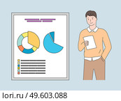 Business project development and stats on board vector, whiteboard with info pie diagram with segments, man reading paper, male looking at page analytics. Businessman Reading Report on Paper Page with Info. Стоковая иллюстрация, агентство Ingram Publishing / Фотобанк Лори