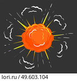Fireball explosion isolated icon of abstract shape with fire and smoke. Dust and flames and fume in circle form. Flaming ball with heat and warmth. Burning sphere, pyrotechnics. Vector in flat style. Explosion Fireball, Abstract Burst of Fire Flames. Стоковая иллюстрация, агентство Ingram Publishing / Фотобанк Лори