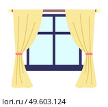 Illustration of living room window with yellow curtains and dark blue window frame and windowsill vector illustration. Inside view of the interior apartment with daylight , curtains hang on a cornice. Illustration of living room window with yellow curtains and dark blue window frame and windowsill. Стоковая иллюстрация, агентство Ingram Publishing / Фотобанк Лори