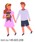 Cute couple of children. Little girl wearing pin dress holding teddy bear in hand, with hairstyle, holding hands with boy in shorts. Isolated kids, childhood, friends. Faceless cartoon characters. Cute couple of children, little girl wearing pin dress with teddy bear holding hands with boy. Стоковая иллюстрация, агентство Ingram Publishing / Фотобанк Лори