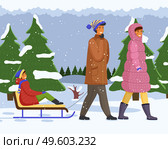 Family of three walks in winter forest. Mom in pink coat, girl rides sledges, dad rides daughter on sled. Snowy landscape, scenic area. White landscape, picturesque area. Spend time with family. Family walks in winter forest, nature. Spruces with tops snow, snowflakes, clear sky. Flat image. Стоковая иллюстрация, агентство Ingram Publishing / Фотобанк Лори
