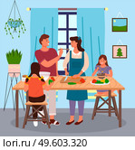 Young mom and dad cooking with daughters at kitchen, people sitting, standing near kitchen table. Woman cutting carrot, man feed woman. Leisure time of family at home. Cartoon characters, flat style. Young mom and dad cooking with daughters at kitchen, people sitting, standing near kitchen table. Стоковая иллюстрация, агентство Ingram Publishing / Фотобанк Лори