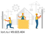 Repairers working with walls, drilling and nailing, laying bricks. Silhouette of hammer and wrench in bolt, crane and build, construction equipment vector. Builder Working, Construction Equipment Vector. Стоковая иллюстрация, агентство Ingram Publishing / Фотобанк Лори