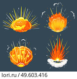 Cartoon explosion, exploding bomb, atomic explode effect and comic explosions smoke clouds. Destruction animation, fire or flame splash. Dynamite burst and volcanic eruption vector illustrations. Exploding Bomb, Cartoon Explosions Isolated Icons. Стоковая иллюстрация, агентство Ingram Publishing / Фотобанк Лори