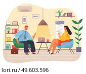 Business meeting, man and woman sit at the coffee table, work together, interviews, negotiations. Businessmen in informal atmosphere communicating. Man explains his opinion to woman holding a document. Business meeting, man and woman sit at the table, work together, interviews, negotiations. Стоковая иллюстрация, агентство Ingram Publishing / Фотобанк Лори