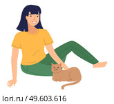 Happy girl patting cat. Smiling young woman sitting on the floor with adorable brown pet kitten. Female cartoon character with cat. Mistress with domestic animal kitty vector isolated illustration. Happy girl patting cat. Smiling young woman sitting on the floor with adorable brown pet kitten. Стоковая иллюстрация, агентство Ingram Publishing / Фотобанк Лори