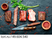 Italian meat platter.Cured meat and sausages.Long banner. Spanish cured meat. Стоковое фото, агентство Ingram Publishing / Фотобанк Лори