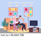 Family evening at the tv. Four member family together smiling sitting io the sofa in front of the televisor. Illustration of mother, father, sun, daughter and a dog sitting on the divan in the room. Family evening at the tv. Four member family smiling sitting io the sofa in front of the televisor. Стоковая иллюстрация, агентство Ingram Publishing / Фотобанк Лори