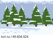 Evergreen trees, spruce, pine with snowy tops. Coniferous trees in winter forest. Winter time, snowy plain. Blue background. Snowfall, snowflakes, snowdrifts. Flat vector image for web, games, apps. Fir trees with snowy tops, winter in forest, snow cover, snowflakes, evergreen trees, needles. Стоковая иллюстрация, агентство Ingram Publishing / Фотобанк Лори