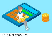 Design concept to count money. A girl holding coin sitting on calculator, stack of gold coins dollars. Success and finance, business calculations, accounting and financial data, budget planning. Design concept to count money. Vector illustration of a girl holding coin sitting on calculator. Стоковая иллюстрация, агентство Ingram Publishing / Фотобанк Лори