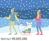 Father, mother and son on a winter walk. Man sledding a child. Family members walking together in cold weather outdoor, happy joint weekend, dad with boy ride on sleigh have fun in a snowfall. Father, mother and son on a winter walk. Man sledding a child. Family members walking together. Стоковая иллюстрация, агентство Ingram Publishing / Фотобанк Лори
