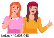 Two smiling girls stand together isolated on white background. Cute girlfriends flat character portrait vector illustration. Female friends, young women make hand gestures and thumbs up ok sign. Two smiling girls stand together isolated on white. Cute girlfriends flat character portrait. Стоковая иллюстрация, агентство Ingram Publishing / Фотобанк Лори