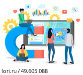 Attracting online customers. Big magnet and people with laptop around. Customer retention strategy, digital inbound marketing, customer attraction banner. Team work and discussion, project management. Attracting online customers. Big magnet and people with laptop around. Customer retention strategy. Стоковая иллюстрация, агентство Ingram Publishing / Фотобанк Лори