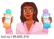 Dark-skinned young beautiful girl in pink jacket, closeup. Girl holds shampoo and balm. Young female with curly hair. Hair care master class. Blogger, streamer, model, video broadcast. Flat image. Dark-skinned girl with shampoo. Blogger, model, hairdresser. Take care of yourself. Flat image. Стоковая иллюстрация, агентство Ingram Publishing / Фотобанк Лори