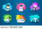 Set of futuristic research cyborgs with artificial intelligence, logo template, colorful background. High tech artificial intelligence cyber smart robot. Hitech developed machinery robot. Flat image. Set of smart scifi androids with artificial intelligence on colorful shapes background. Flat image. Стоковая иллюстрация, агентство Ingram Publishing / Фотобанк Лори