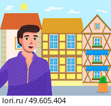 Young smiling guy close up, colorful dutch or danish house background. Walking along old city streets. Summer holiday, relaxation and sightseeing. Street with plant in pot. Authentic architecture. Young guy tourist on old town street, colorful houses. Trip or travel abroad, see the sights. Стоковая иллюстрация, агентство Ingram Publishing / Фотобанк Лори