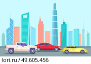 Skyline with skyscrapers and high rises and road with cars. Cityscape of modern city. Business center of town. Traffic on streets of urban landscape. Driving along buildings. Vector in flat style. Cityscape with Highway and Traffic Automobiles. Стоковая иллюстрация, агентство Ingram Publishing / Фотобанк Лори