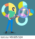 Man office worker with magnifier analyzes demand on diagrams of various shapes, choosing way to attract customers. Project management and financial report strategy. Business analysis planning. Choosing way to attract customers. Man office worker with magnifier analyzes demand on charts. Стоковая иллюстрация, агентство Ingram Publishing / Фотобанк Лори