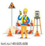 Builder engineer phone calling on construction. Foreman in helmet business communication concept, man talking on the walkie-talkie standing near the barrage equipment and the road repair sign. Builder engineer phone calling on construction. Foreman in helmet business communication concept. Стоковая иллюстрация, агентство Ingram Publishing / Фотобанк Лори