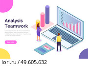Landing page teamwork analysis site. Large cartoon laptop with charts, data, analytic summary, businessman and businesswoman monitor team work data. Large cylindrical shapes different heights on stand. Business site page template.Man and woman near arge laptop with analytical data, graphs. Flat image. Стоковая иллюстрация, агентство Ingram Publishing / Фотобанк Лори