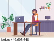 Bearded upset man sits at desk with laptop, propping face on hand, folders on table. Office space. Stress at work. Potted plant, window, monoblock. Failed business meeting. Office worker in the room. Upset office worker sits at table with laptop, folders, panoramic window, potted plant in office. Стоковая иллюстрация, агентство Ingram Publishing / Фотобанк Лори