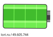 Isolated icon. Full battery charge. Green battery, symbol for phones, tablets, digital devices. Full of energy 100 . Status of battery charging. Accumulator icon. Indicator show full charging. Isolated icon, full battery charge, green battery, symbol for phones, tablets, digital devices. Стоковая иллюстрация, агентство Ingram Publishing / Фотобанк Лори