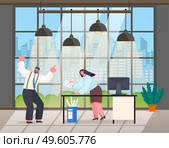 Unorganized office worker panic. Angry boss man swear at worker woman looking through documents, stressing, confused. Female made mistake in report. Chaos in office. Stylish design of office. Angry boss man swear at worker woman looking through documents, stressing, made mistake in report. Стоковая иллюстрация, агентство Ingram Publishing / Фотобанк Лори