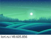 Night forest landscape. Blue-green fields, meadows, strip of coniferous wood. Bright meadows and stars. Beautiful nightly natural forest landscape. Fir, Christmas trees, pines, dense thickets. Night forest landscape, meadow or field, pine forest, moon and stars in sky. Blue-green night view. Стоковая иллюстрация, агентство Ingram Publishing / Фотобанк Лори