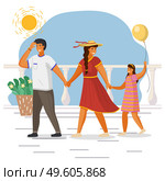 Man in white t-shirt, woman in red dress and wide-brimmed hat leads the girl s hand with balloon. Sea embankment, sea, ocean, bright sun, clear sky. Boat trip, summer resort relaxation. Hot weather. Dad squinting from sun, mom leads kid by hand. Family spends time together on summer sea holidays. Стоковая иллюстрация, агентство Ingram Publishing / Фотобанк Лори
