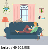 Happy young woman with ponytail lying on sofa in living room at home and relaxing. Female drinking tea or coffee and reading book. Cute funny cat lying near woman. Recreation, leisure time, hobby. Happy woman relaxing at sofa at home, drinking tea and reading book with cat together, flat style. Стоковая иллюстрация, агентство Ingram Publishing / Фотобанк Лори