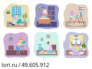Mother and baby, playing with son lying on floor on carpet, mom looking at sleeping baby in crib, young woman feeding her daughter, mother reading book to girl, playing with toys, feeding from bottle. Mother and baby, care of child, motherhood, parentship, sleeping baby, feeding, reading, playing. Стоковая иллюстрация, агентство Ingram Publishing / Фотобанк Лори